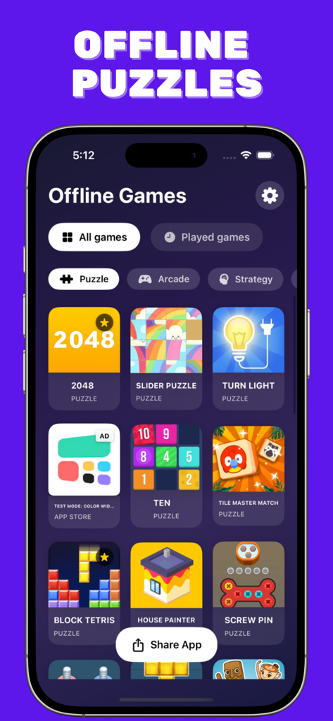 Interface of the Offline Games app showing a variety of puzzle mini games like 2048 and Tetris