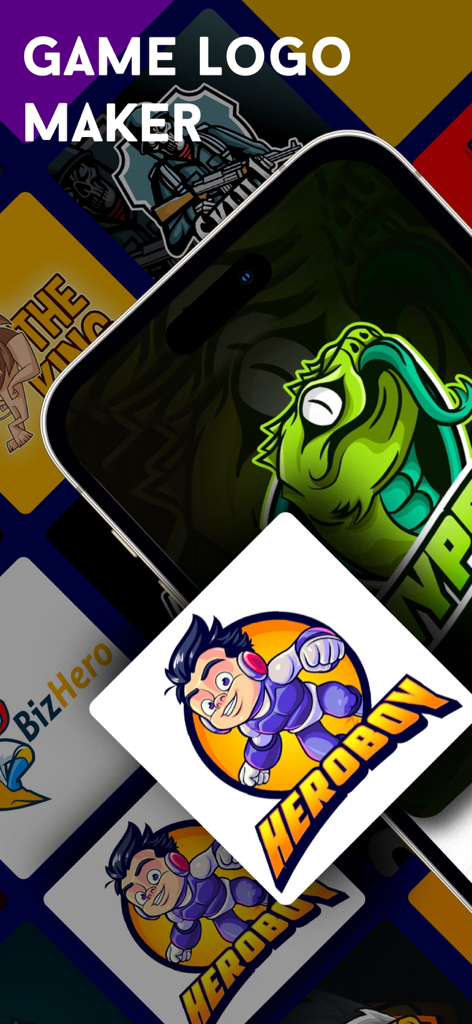 Logo Maker & Generator - Una muestra de logos personalizados para videojuegos, incluyendo un dragón verde y un personaje de dibujos animados llamado HeroBoy, creados con la aplicación creadora de logos.