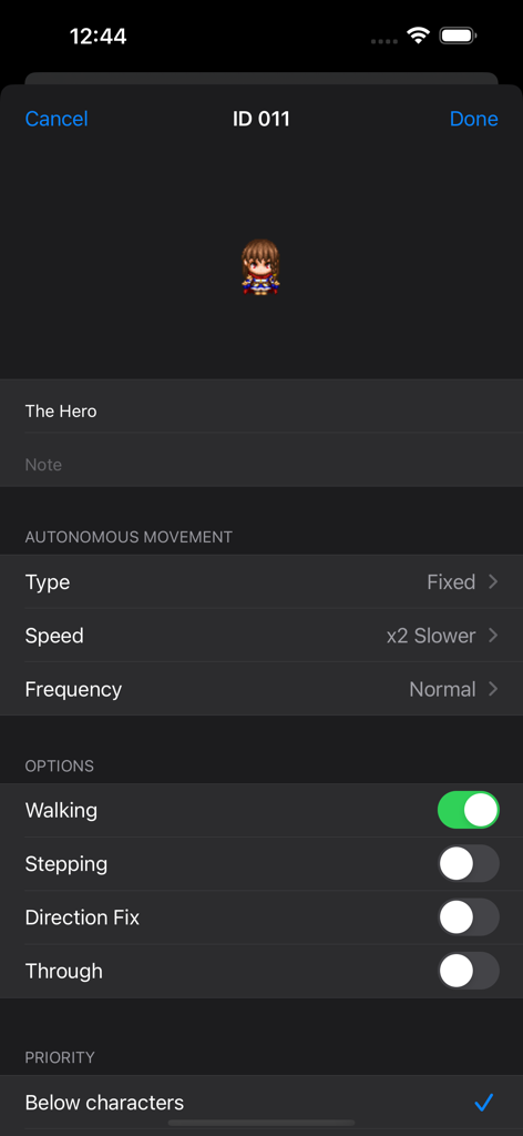 Pantalla de edición de eventos de personaje en Mapper MZ mostrando opciones de movimiento y visualización