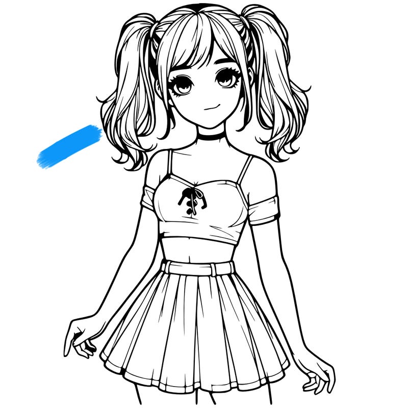 realistic girl in a skirt crop top and pigtails