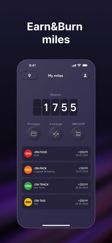MILEONAIR - MILEONAIRモバイルアプリのインターフェースに、旅行マイル残高と空港サービスから獲得したポイントが表示されています