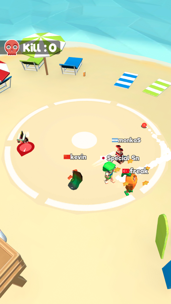 Dodgeball.io - Top-down view of a dodgeball battle royale match on a sandy beach arena with blocky characters.
