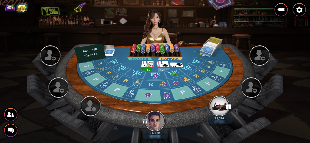 Poker Master - Texas Hold’em - A virtual baccarat game table with a female dealer and player avatars in the Poker Master app.