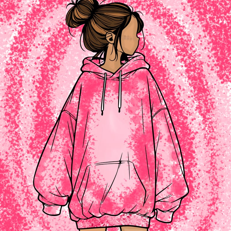 realistic girl with a oversized sweatshirt on and a bun