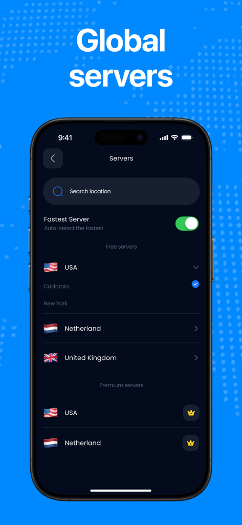 Tela de seleção de servidores globais da VPN Segura e Rápida mostrando uma lista de locais gratuitos e premium nos EUA e Europa em um iPhone.