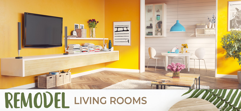 My Home Makeover Design: Words - Ein helles, modernes Wohnzimmer mit gelben Wänden und minimalistischen Möbeln im Spiel My Home Makeover Design.