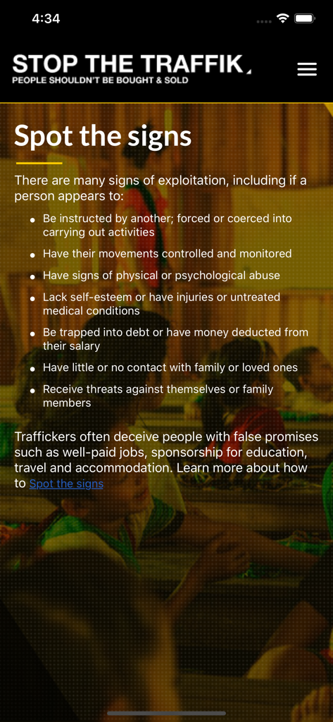 Mobile screen from The STOP APP showing signs of exploitation and human trafficking indicators
