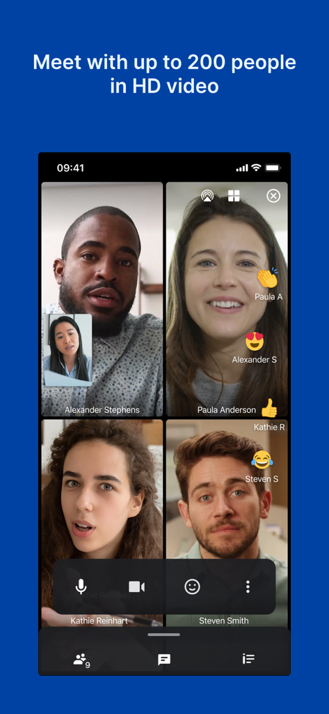 Online Meeting & Conferencing - Mobile app interface for a high definition video meeting with multiple participants and emoji reactions