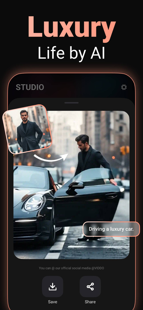 AI Video Generator - Viddo AI - A man's portrait transformed into an AI video of him driving a luxury car in the Viddo AI app