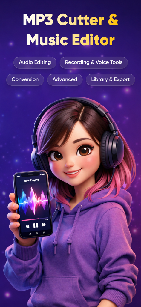 MP3 Cutter & Music Editor - An illustrated girl with headphones holding a phone showing audio waveforms for the MP3 Cutter and Music Editor app.