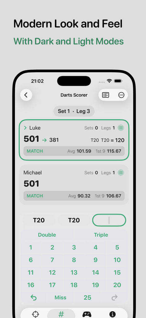 Darts match scoreboard interface showing player averages and scores in light mode