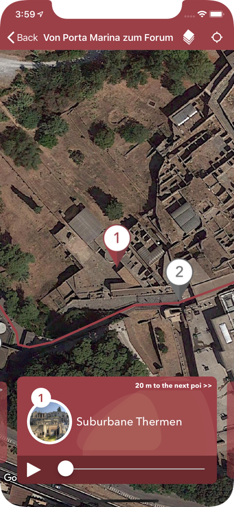 Mapa interactivo de las ruinas de Pompeya con pines GPS y controles de audioguía
