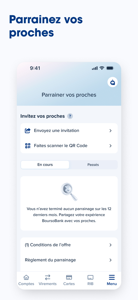 BoursoBank mobile app referral screen showing options to send invitations or scan a QR code to invite friends