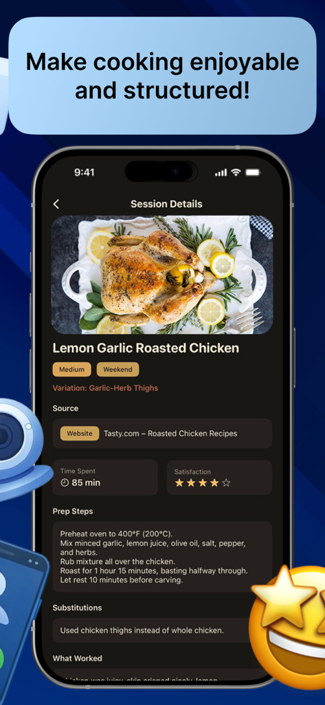 Minichat:FoodPrepFlow - A mobile screen from the Minichat FoodPrepFlow app showing details for a Lemon Garlic Roasted Chicken cooking session including prep steps and satisfaction rating