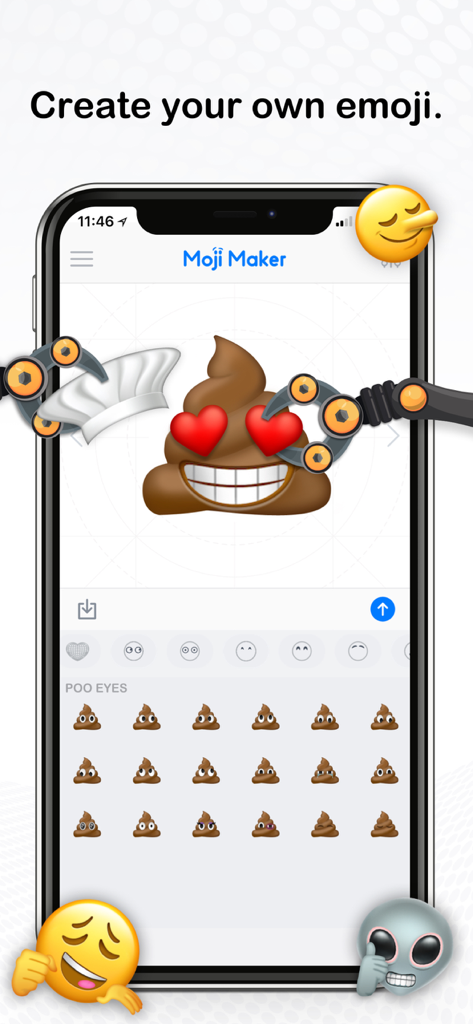 Moji Maker™ | Emoji Messenger - Smartphone screen showing the Moji Maker app interface for creating a custom emoji with heart eyes and a chef hat.