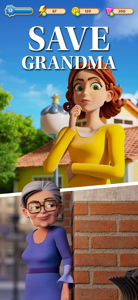 Character art of Maddie looking concerned and Grandma Ursula hiding behind a wall in Merge Mansion with Save Grandma text