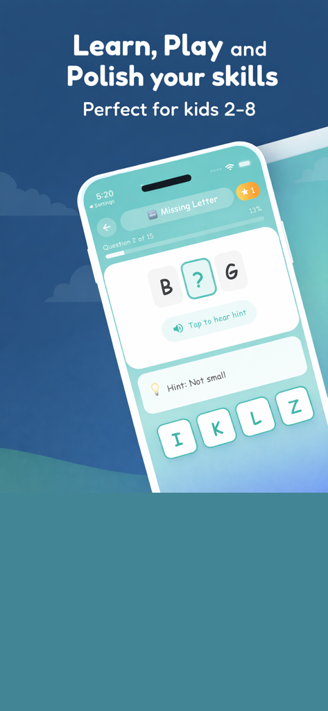 Kids Academy - Learn and Play - Interfaz de juego de completar el abecedario en la aplicación Kids Academy para niños de 2 a 8 años.