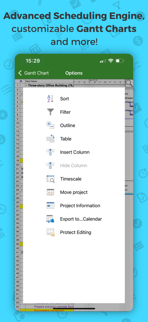 Project Plan 365 - Advanced scheduling options and Gantt chart menu in Project Plan 365