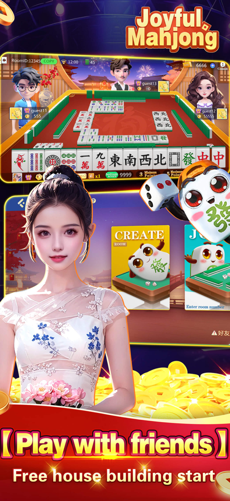 Joyful Mahjong - Lami、Casino - Interface de jeu Joyful Mahjong montrant une table numérique avec des avatars et des options de jeu social