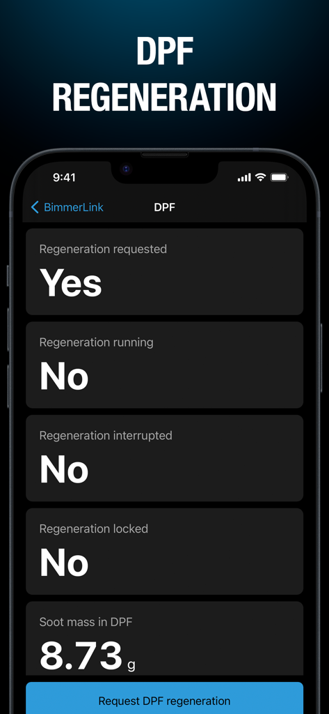 BimmerLink app interface for BMW and MINI diesel particulate filter regeneration monitoring