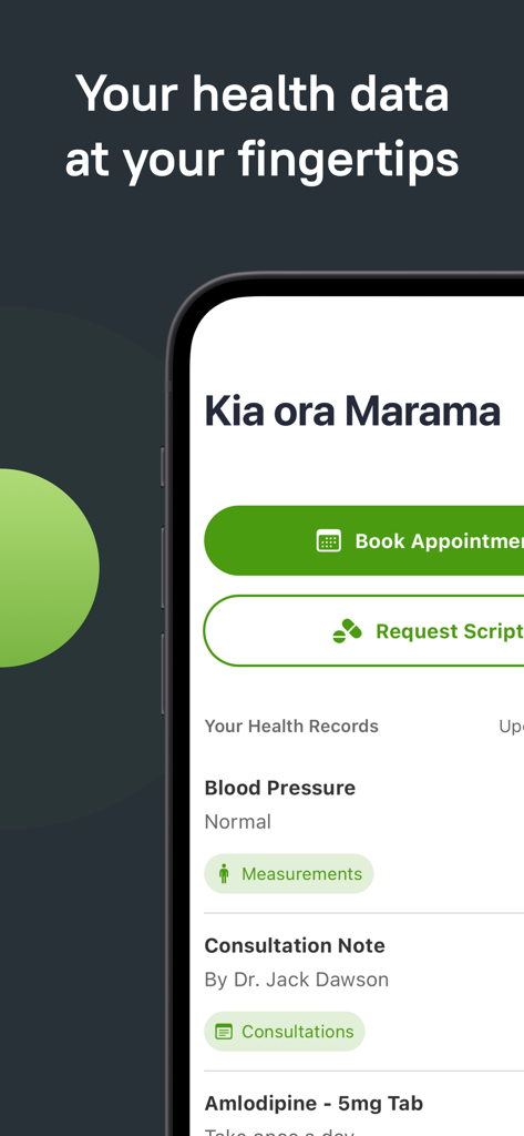 Better Health Outcomes - Better Health Outcomes mobile app interface showing patient health records and medical appointment booking