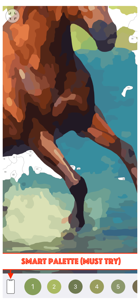 Oil Painting - Color By Number - A screenshot of the Oil Painting Color By Number app showcasing the smart palette feature and a detailed animal painting in progress