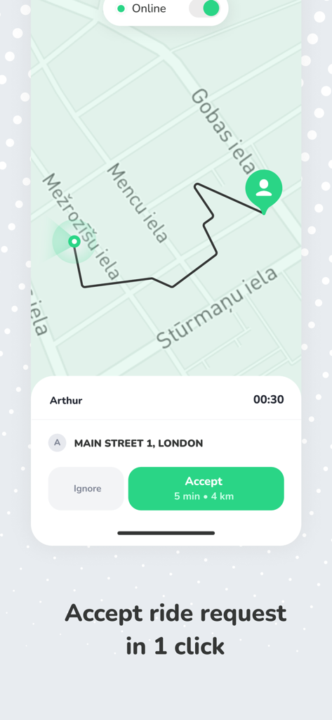 ATOM Mobility: Driver app - ATOM Mobility Driver app interface showing a ride request with an accept button and route map