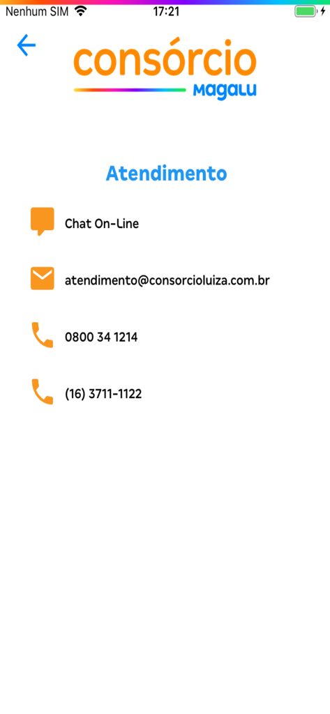 Página de atendimento ao cliente do aplicativo Consórcio Magalu mostrando opções de contato, incluindo chat online, e-mail e números de telefone