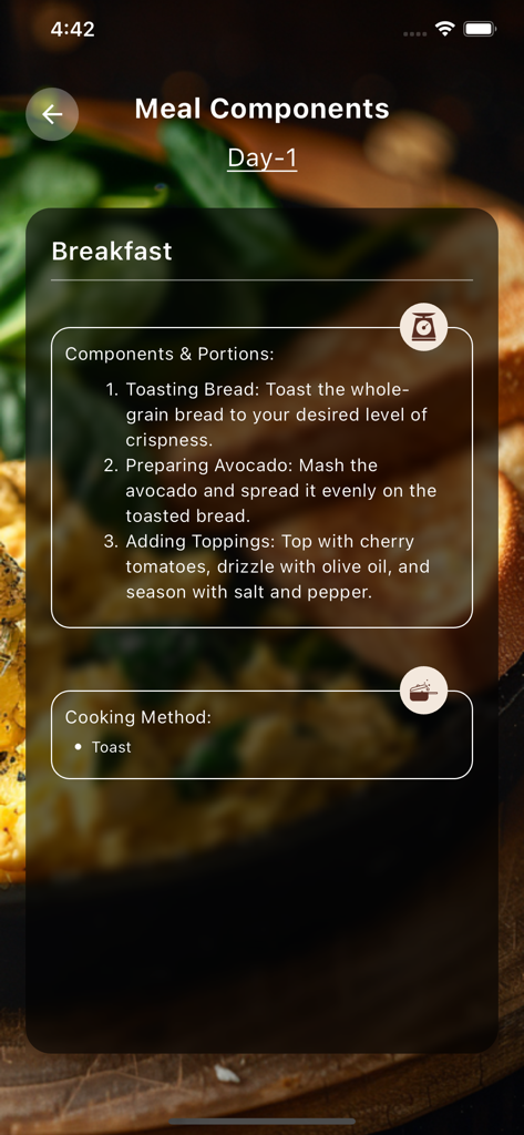 CURVD by Capri Curves - CURVD app screen showing breakfast meal preparation steps for avocado toast on day one