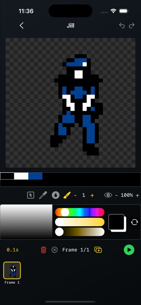 The user interface of Spritesheet Maker app showing a pixel art character and animation frames.