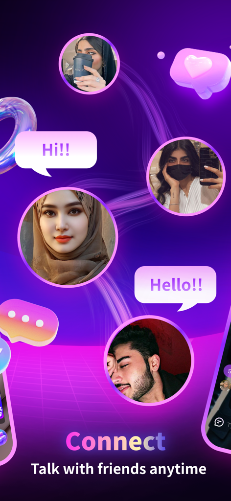 Kago Live-Charming Live App - User profile pictures with greeting chat bubbles on a purple neon background promoting social connection