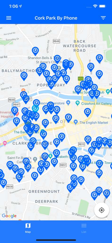 Cork Park by Phone - Map view of Cork City with blue parking location markers in the Cork Park By Phone mobile app