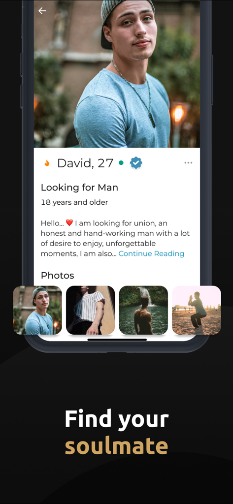 A mobile screen from the GuysOnly dating app showing a verified male user profile and the text Find your soulmate