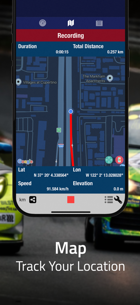 GeoLogger app screen displaying real-time GPS tracking with map and speed data