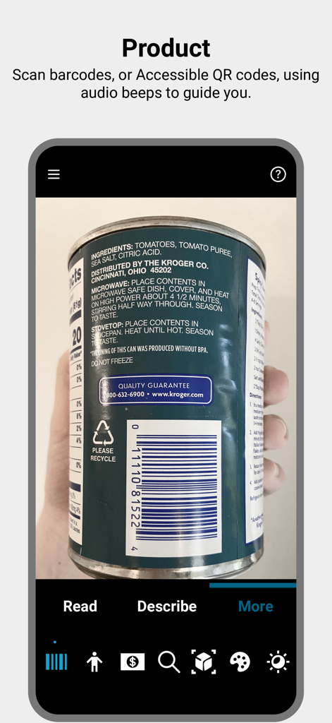 La interfaz de la aplicación Seeing AI escaneando un código de barras en un producto enlatado para identificarlo.