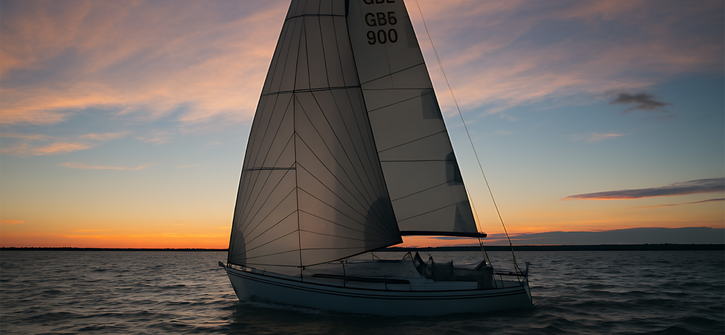 Un velero realista navegando en el océano al atardecer en el simulador de navegación