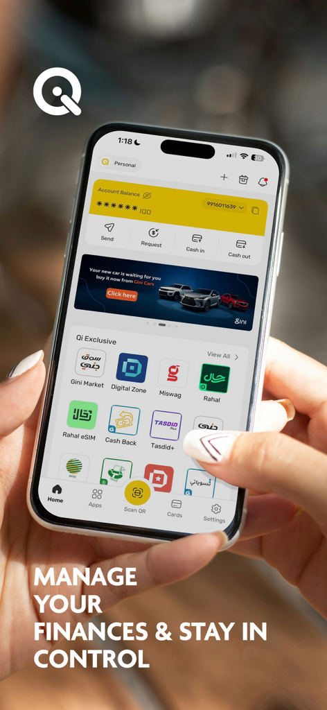 Handheld smartphone displaying the SuperQi app dashboard with financial and lifestyle services