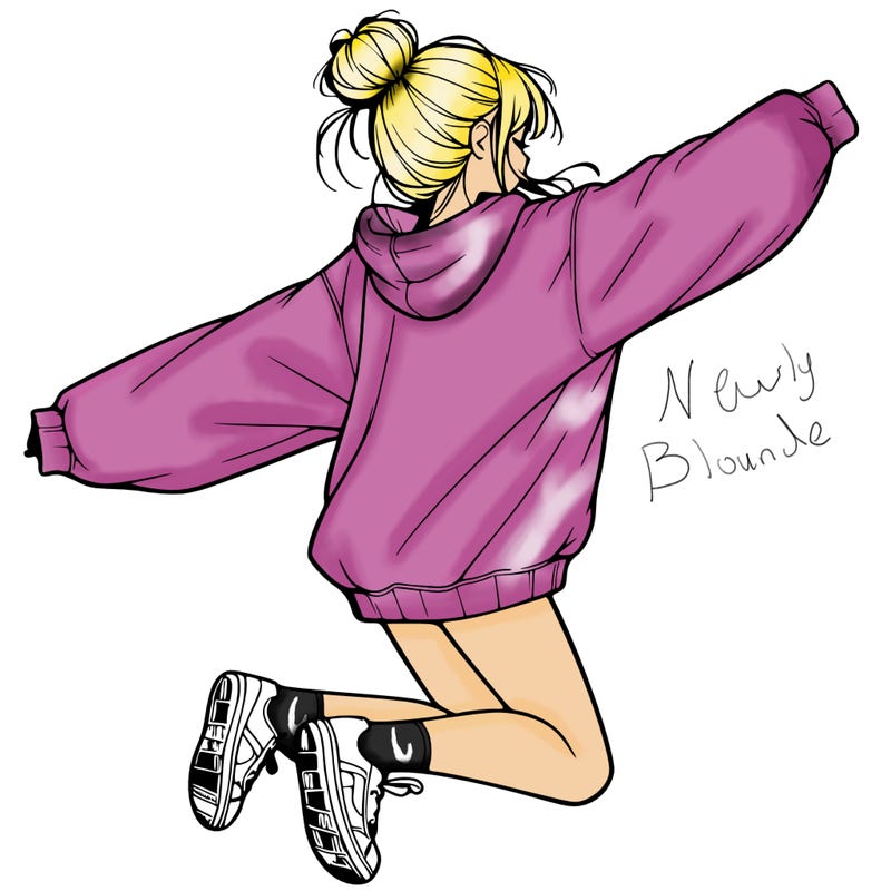 realistic girl jumping with a bun and oversized sweatshirt