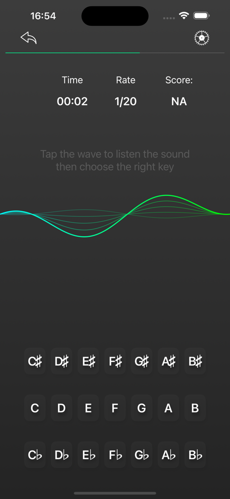 Vocal coach - Perfect Ear App - Interfaz de la aplicación Entrenador Vocal mostrando un ejercicio de entrenamiento del oído para identificar notas musicales basándose en una onda de sonido.