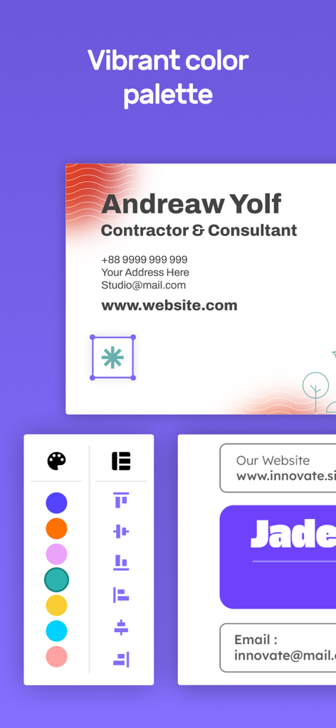 Business Card Design Maker - Visitenkarten-Design-App, die eine lebendige Farbpalette und Anpassungswerkzeuge für eine Handwerkerkarte anzeigt