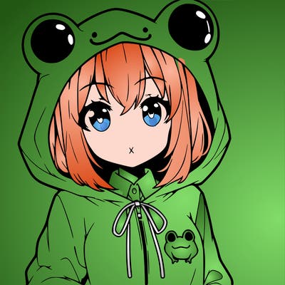 an anime girl wearing a frog hoodie