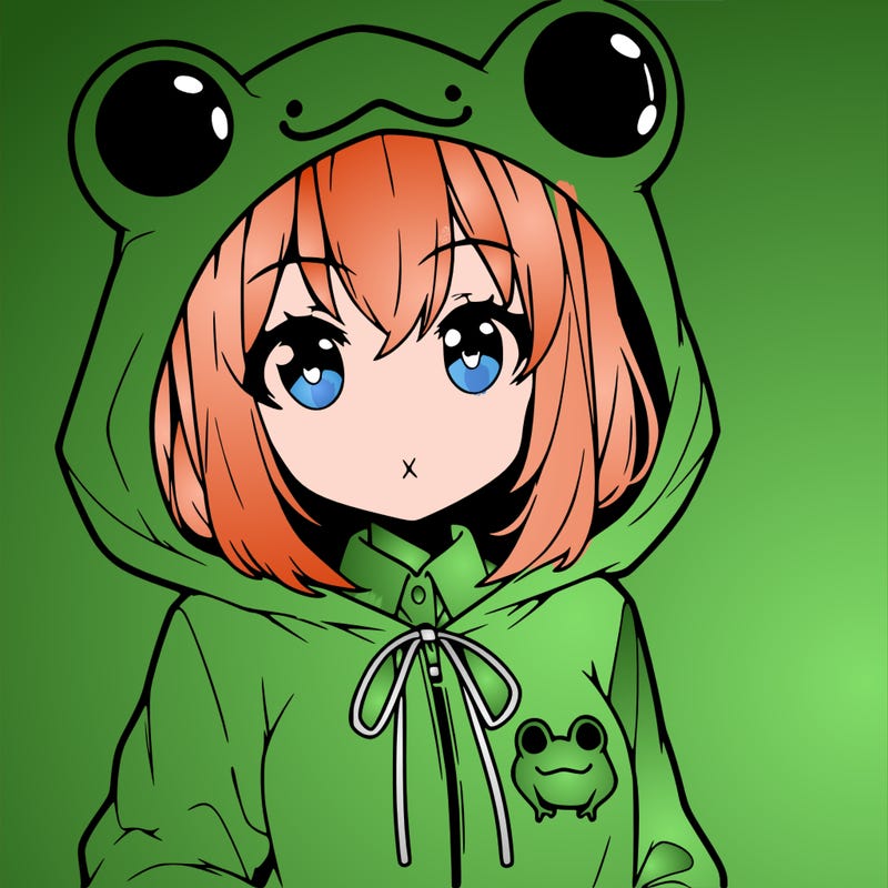 an anime girl wearing a frog hoodie