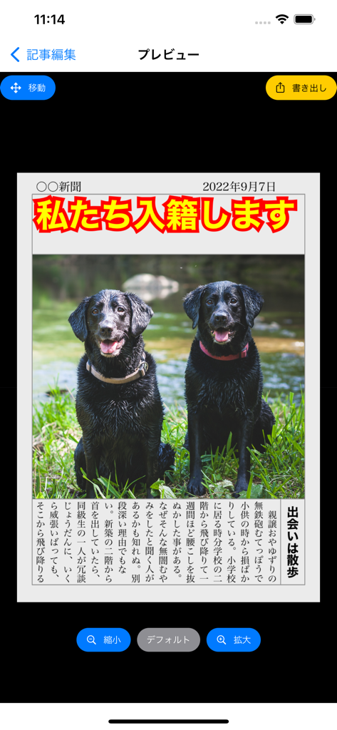 新聞作成 - 最高の瞬間をニュースに - 2匹の黒いラブラドールの犬が登場する、新聞スタイルの結婚発表のプレビュー。