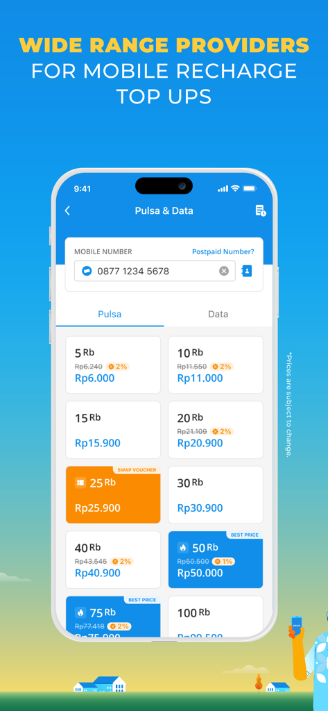 DANA app interface showing options for mobile credit and data package top ups in Indonesian Rupiah