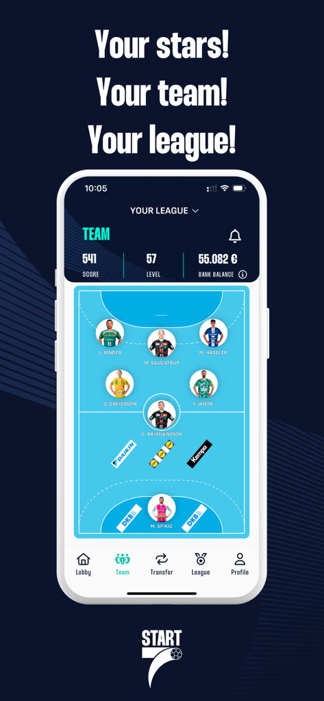 START7 handball manager app screen showing fantasy team lineup on a virtual court