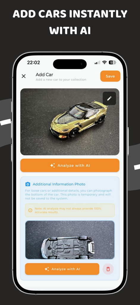Interface of Diecast Hub app showing the AI car recognition feature with a gold model car and a photo of its chassis.