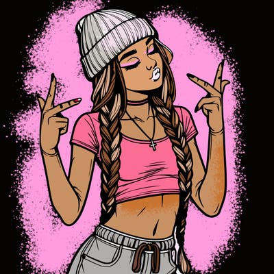 realistic teenage girl with braids and a beanie and crop top doing 🫶🏼