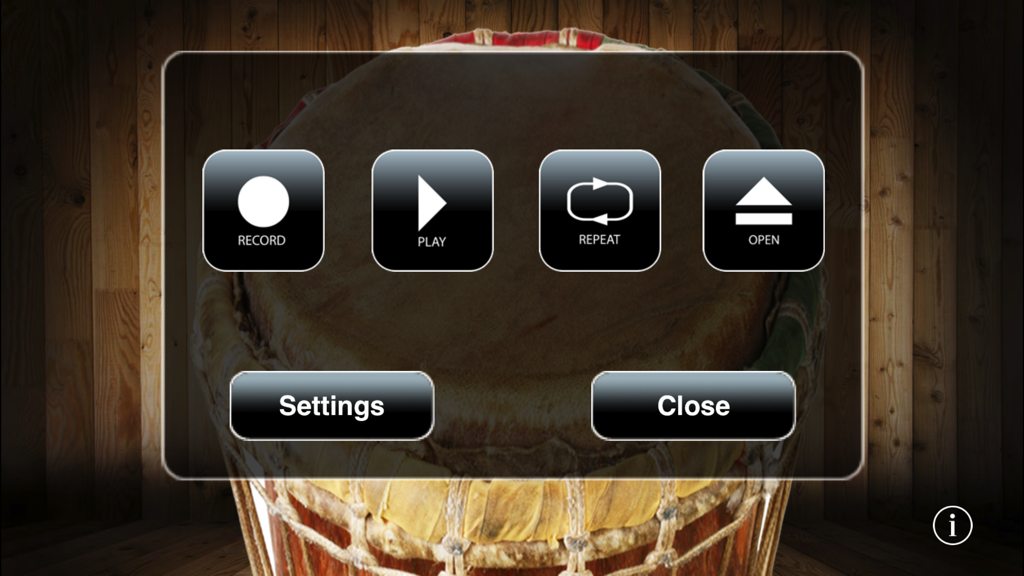 Djembe! - Djembe app menu screen featuring record play and settings buttons over a drum background