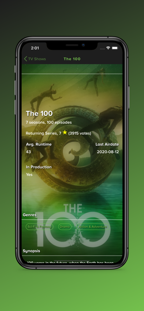 Detailed view of the TV show The 100 on 123Play Pro showing seasons genres and ratings