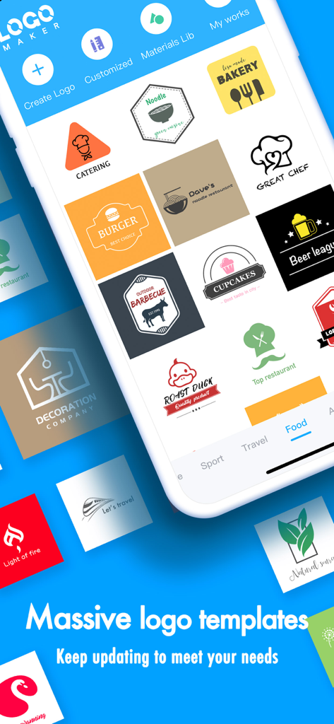 Logo Maker & graphic design - La aplicación Logo Maker mostrando una variedad de plantillas de diseño profesionales para negocios de alimentos y catering
